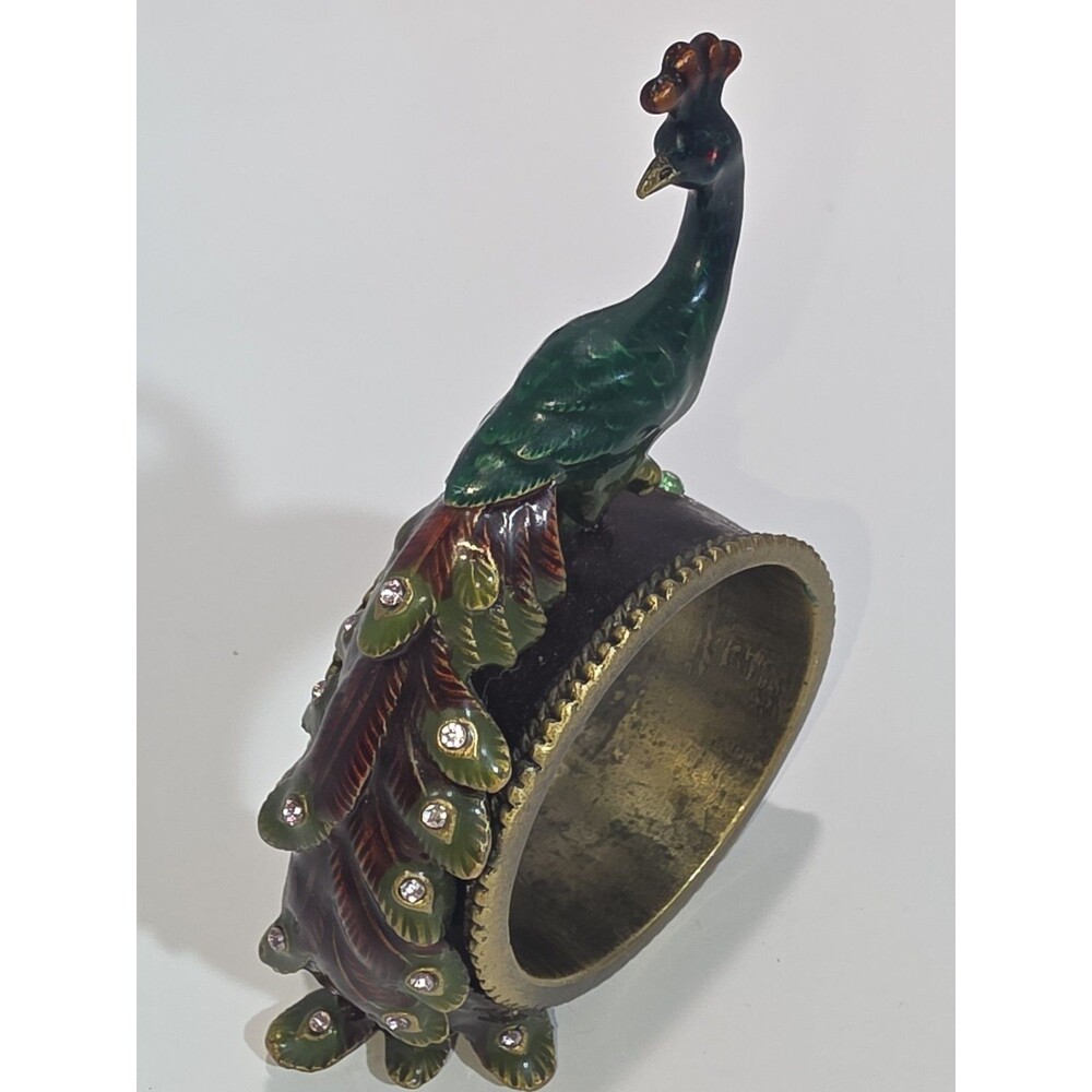 Peacock Enamel Napkin Ring Holders Brass Metal & Rhinestones set of 4